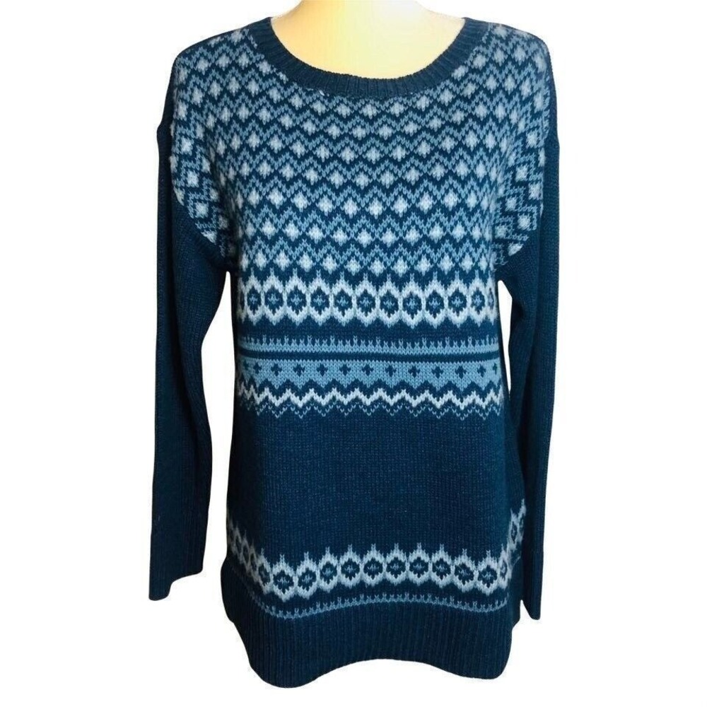CHAPS Women's Long Sleeve‎ Indigo Blue Print Crew Neck Sweater Size M